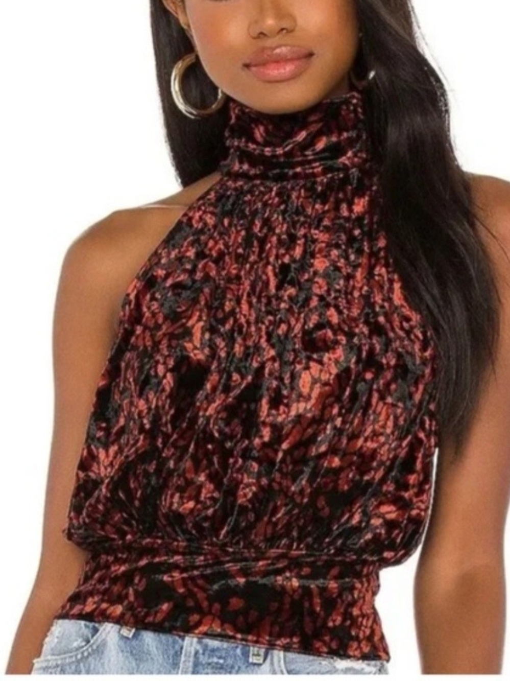 Free People Rust and Black Velvet High-Neck Halter Top